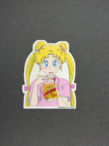 Sailor moon eating hot Cheetos with chopsticks laminated sticker.